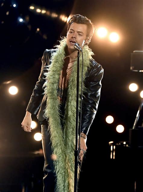 green feather boa gucci|Harry Styles 2021 Grammys Outfit Details .